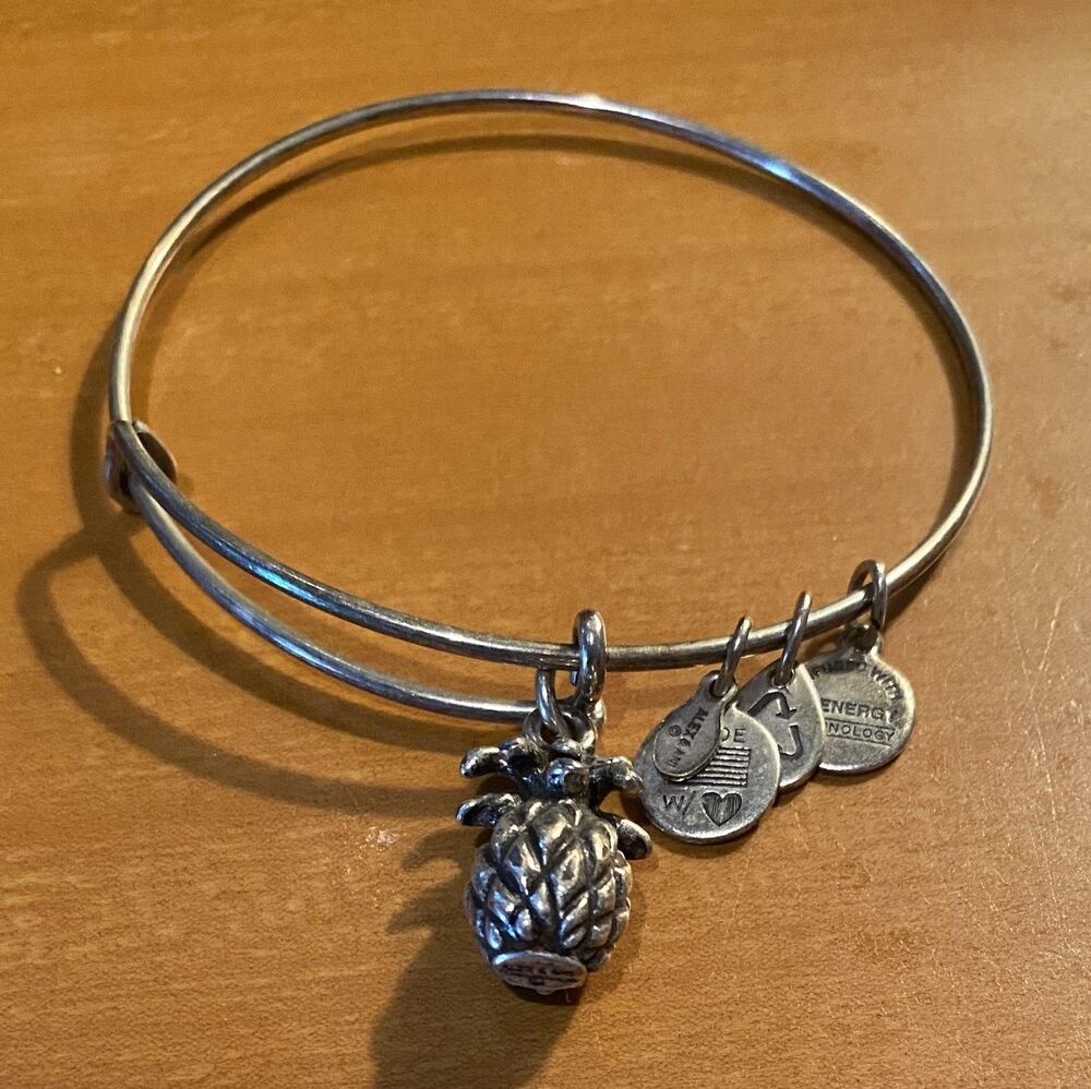 Alex And Ani Pineapple Charm Bangle Bracelet Silver Tone Energy Adjustable 7”